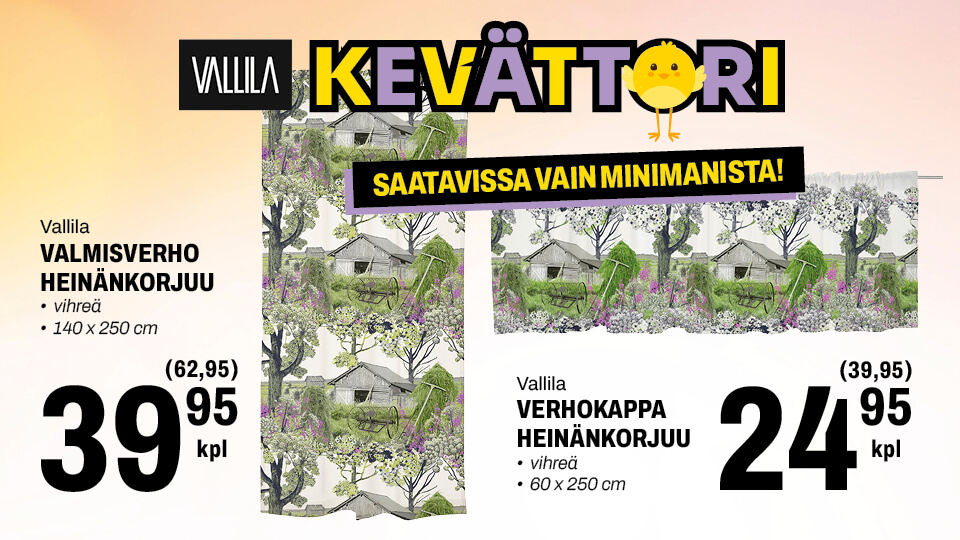 Vallila valmisverho ja verhokappa Heinänkorjuu vihreä saatavissa vain Minimanista!