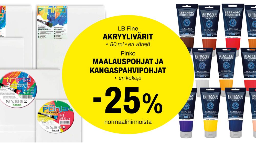 LB Fine akryylivärit ja Pinko maalaus- sekä kangaspahvipohjat -25 %