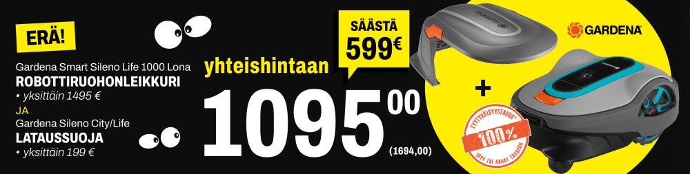 Gardena robottiruohonleikkuri ja lataussuoja yhteishintaan 1095€