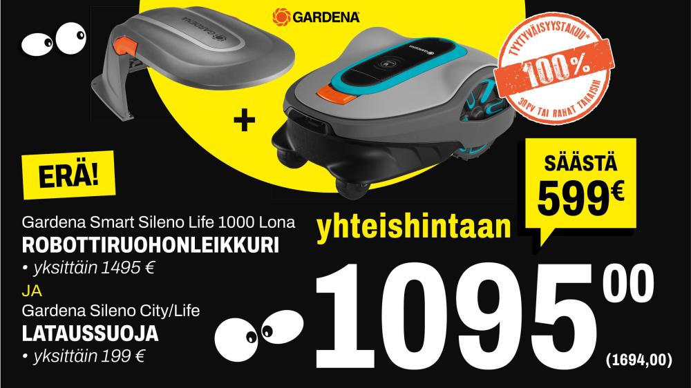 Gardena robottiruohonleikkuri ja lataussuoja yhteishintaan 1095€