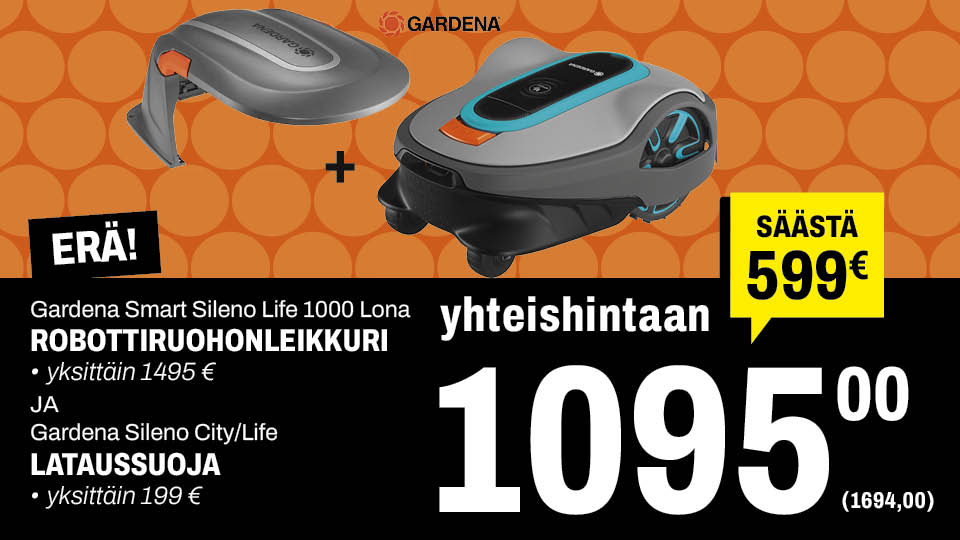Gardena robottiruohonleikkuri ja lataussuoja yhteishintaan 1095 € (1694,00)