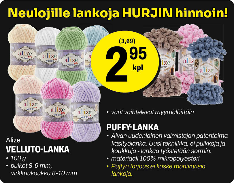 Alize Velluto ja Puffy langat 2,95&euro;/kpl