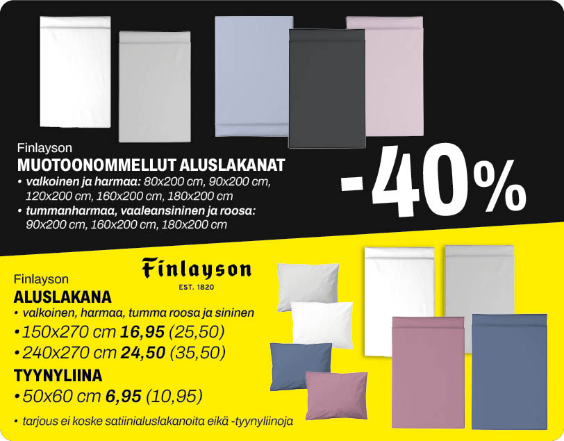 Finlayson muotoonommeltuja aluslakanoita -40 % sek&auml; aluslakanoita alkaen 16,95 &euro;