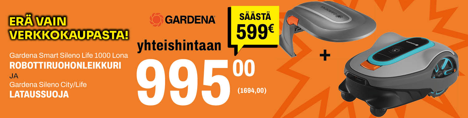 Gardena Robottiruohonleikkuri ja lataussuoja yhteishintaan 995 &euro; - s&auml;&auml;st&auml; 599 &euro;
