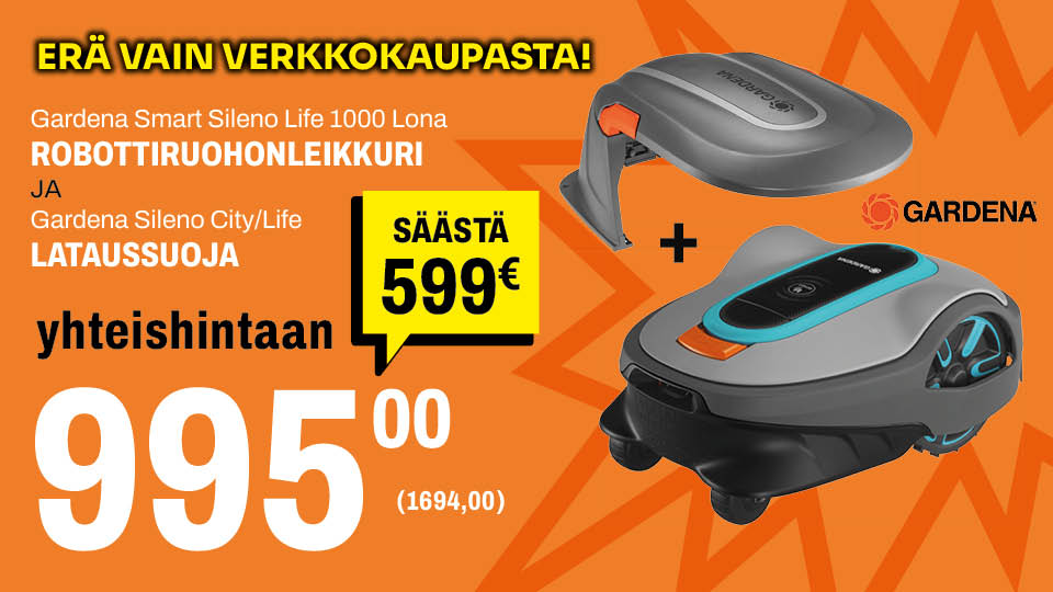Gardena Robottiruohonleikkuri ja lataussuoja yhteishintaan 995 &euro; - s&auml;&auml;st&auml; 599 &euro;