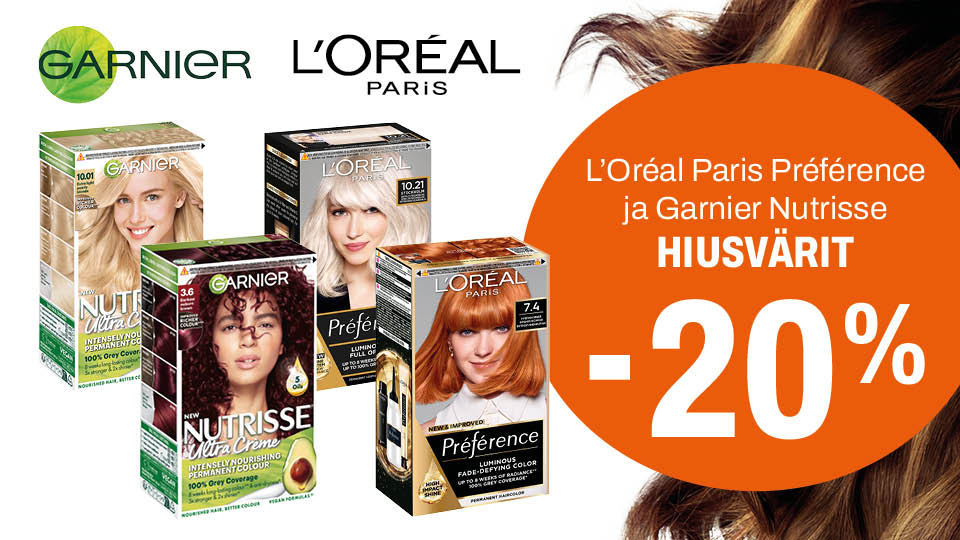 L&rsquo;Or&eacute;al Paris Pr&eacute;f&eacute;rence ja Garnier Nutrisse hiusv&auml;rit -20%