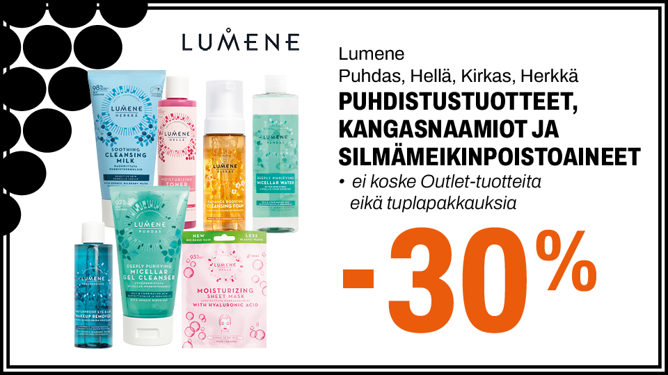 Lumene Puhdas, Hell&auml;, Kirkas ja Herkk&auml; tuotteita -30 %