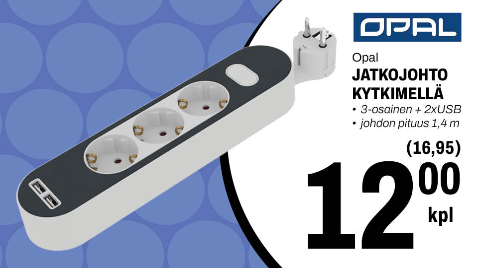 Opal jatkojohto kytkimell&auml; 12,00&euro;/kpl