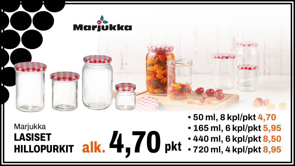 Marjukka lasiset hillopurkit alk. 4,70 &euro;/pkt