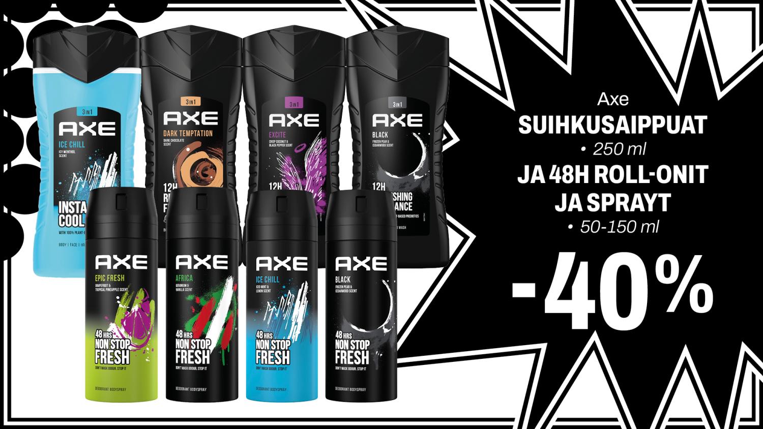 Axe suihkusaippuat ja 48 H roll-onit ja sprayt -40%