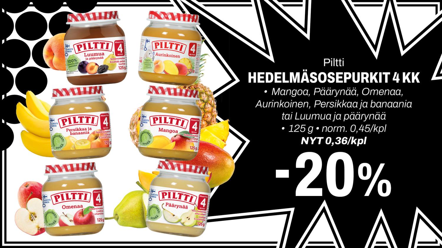 Piltti mainitut hedelm&auml;sosepurkit 4kk -20%