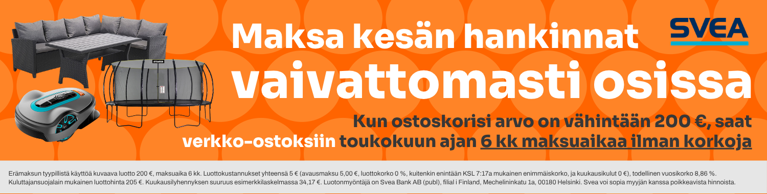 Maksa kes&auml;n hankinnat vaivattomasti osissa! Toukokuussa v&auml;hint&auml;&auml;n 200 &euro; verkko-ostoksiin 6 kk korotonta maksuaikaa.