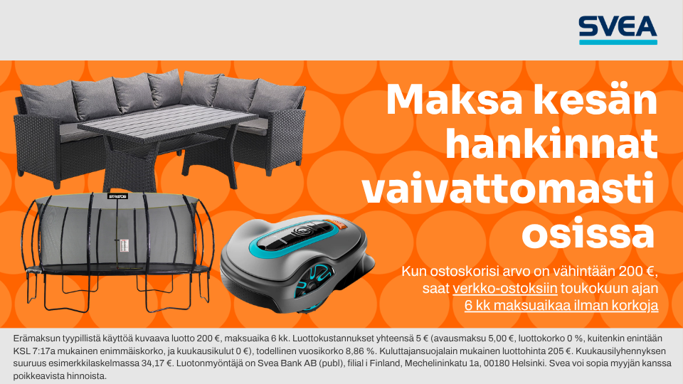 Maksa kes&auml;n hankinnat vaivattomasti osissa! Toukokuussa v&auml;hint&auml;&auml;n 200 &euro; verkko-ostoksiin 6 kk korotonta maksuaikaa.