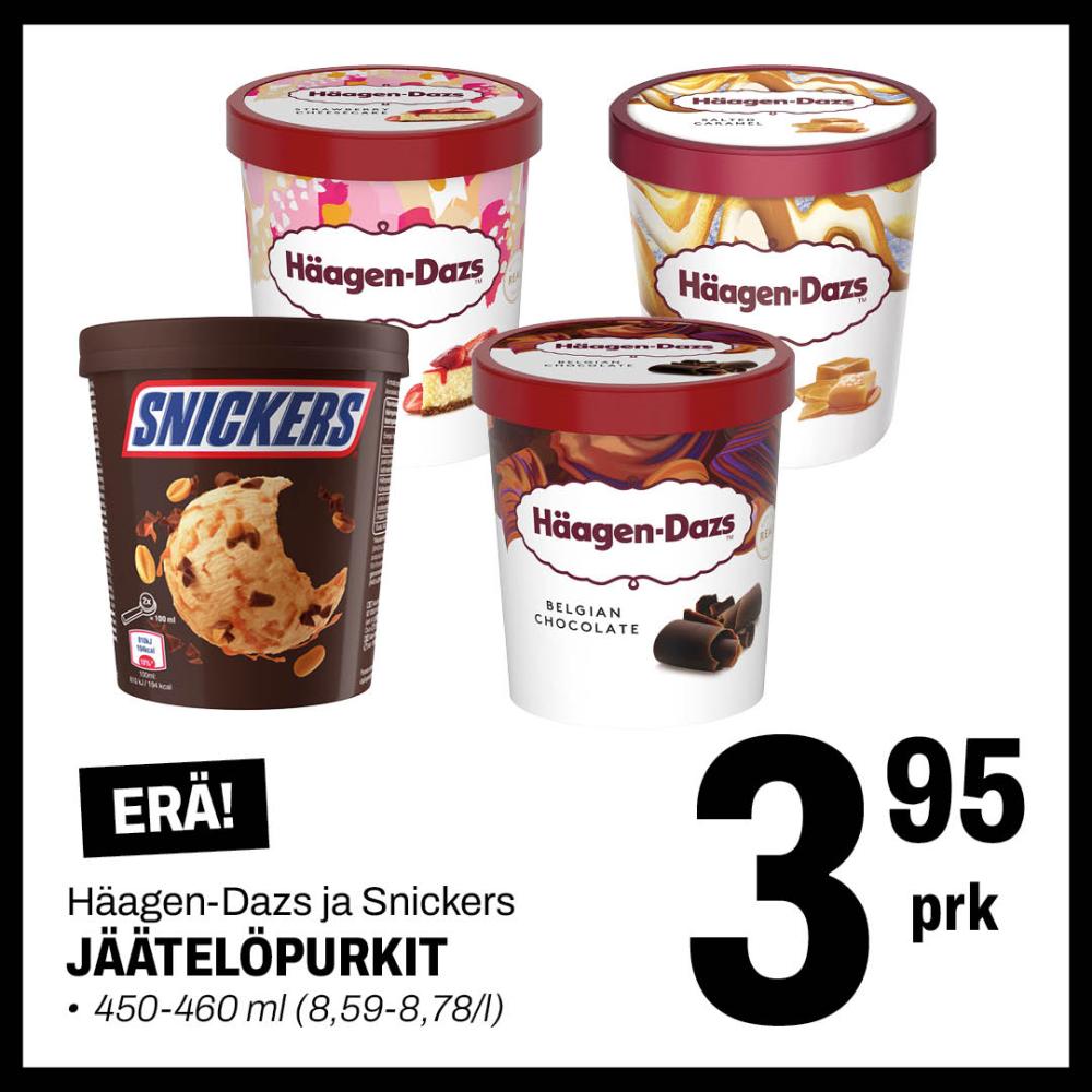 H&auml;agan-Dazs & Snickers J&auml;&auml;tel&ouml;purkit 3,95&euro;/prk