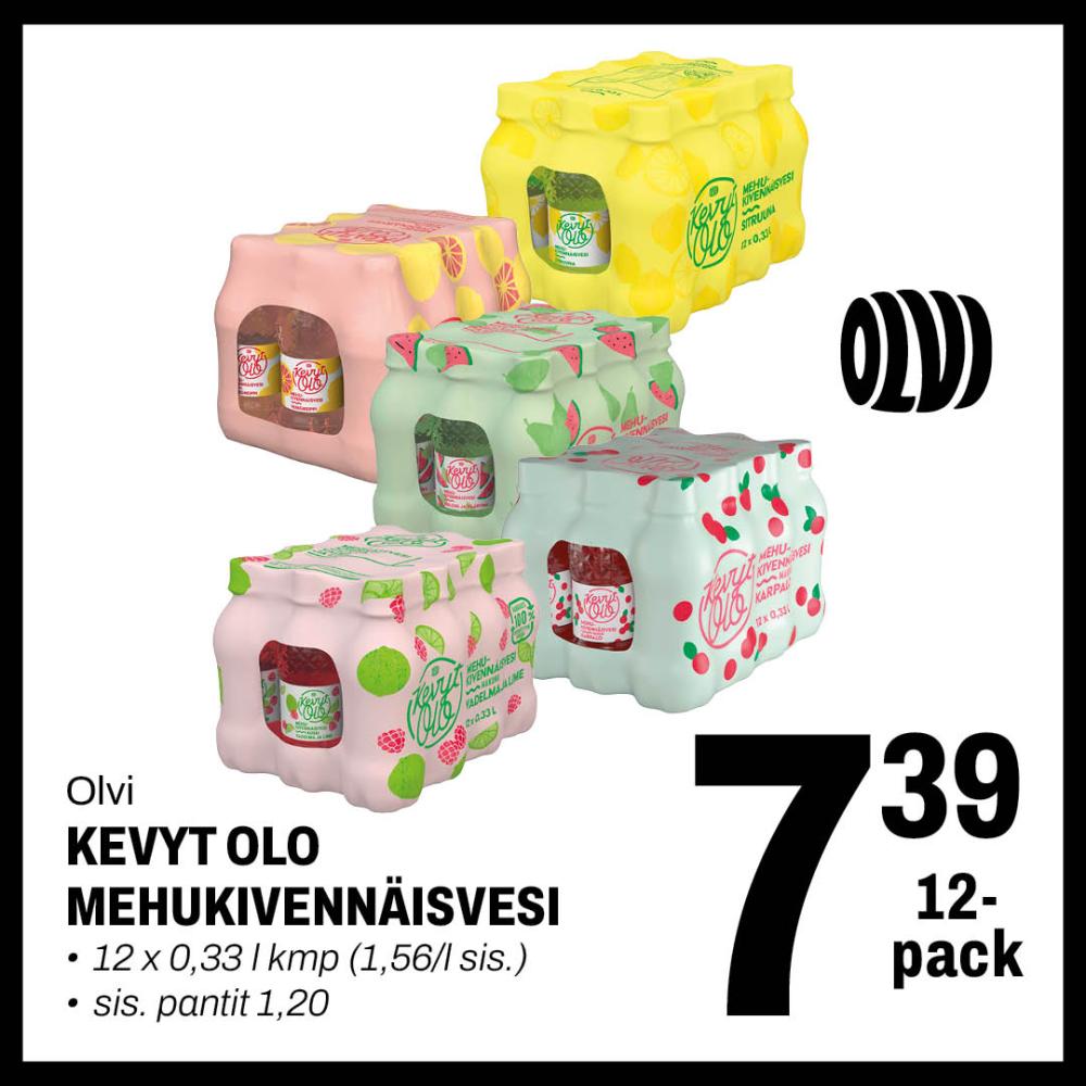 Olvi Kevyt Olo mehukivenn&auml;isvedet 7,39&euro;/12-pack