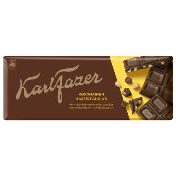 KARL FAZER TUMMA SUKLAA JA KOKONAISET HASSELPÄHKINÄT SUKLAALEVY 200 G