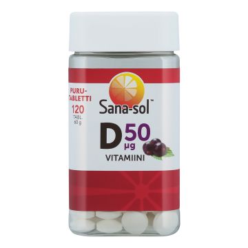 SANA-SOL D-VITAMIINI 50 MIKROGR. PURUTAB MUSTAHERUKKA 120 KPL