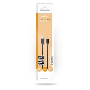 NEDIS USB 2.0 KAAPELI USB A UROS - USB-B MALE PYÖREÄ 2 M MUSTA