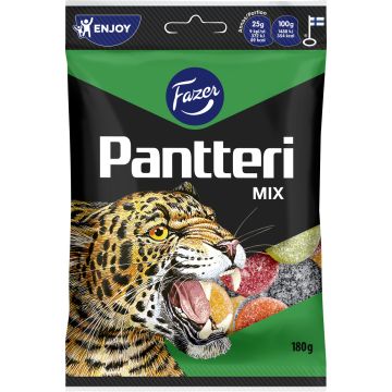 FAZER PANTTERI MIX HEDELMÄ- JA SALMIAKKIKARKKIPUSSI 180 G