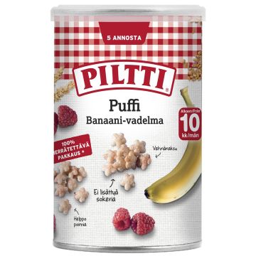 PILTTI PUFFI BANAANIN JA VADELMAN MAKUISIA RIISI- JA VEHNÄNAKSU 35 G