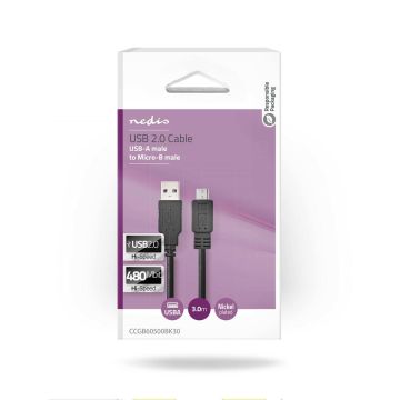 NEDIS USB 2.0 KAAPELI USB A UROS - MICRO B-UROS PYÖREÄ 3 M MUST