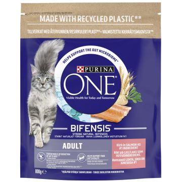 PURINA ONE KISSAN TÄYSRAVINTO ADULT RUNSAASTI LOHTA & TÄYSJYVÄVILJAA 800 G