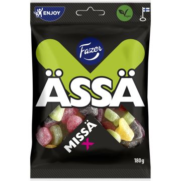 FAZER MISSÄ X KIRPEÄ HEDELMÄ- JA LAKRITSIKARKKIPUSSI 180 G