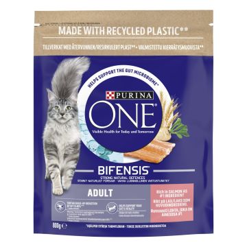 PURINA ONE KISSAN TÄYSRAVINTO ADULT RUNSAASTI LOHTA & TÄYSJYVÄVILJAA 800 G