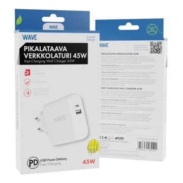 WAVE 45W PIKALATAAVA VERKKOLATURI, 1 X USB TYPE-C + 1 X USB-A (30W+12W), VALKOINEN