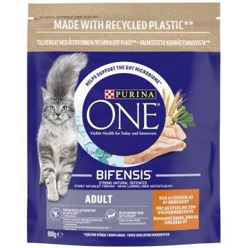 PURINA ONE KISSAN TÄYSRAVINTO ADULT RUNSAASTI KANAA & TÄYSJYVÄVILJAA 800 G