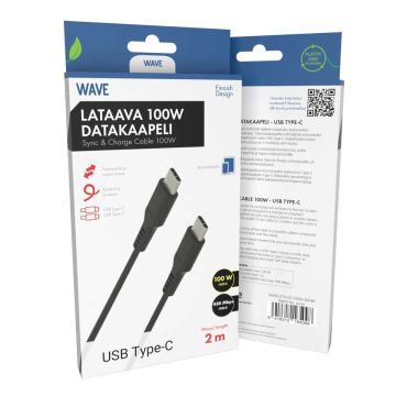 WAVE 100W DATAKAAPELI, USB TYPE-C -> USB TYPE-C (480 MBPS), 2M, MUSTA