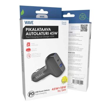 WAVE 45W PIKALATAAVA AUTOLATURI, 1 X USB TYPE-C + 1 X USB-A (45W+18W), MUSTA