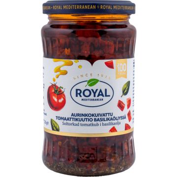 ROYAL AURINKOKUIVATTU TOMAATTI KUUTIO BASILIKAÖLJYSSÄ 200 G