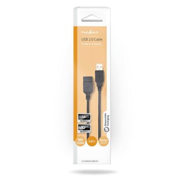 NEDIS USB 2.0 JATKOKAAPELI USB A UROS - USB A NAARAS PYÖREÄ 2 M