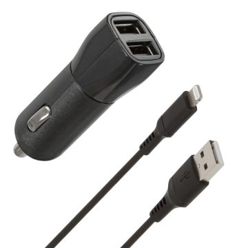 WAVE AUTOLATURI, 2 X USB + LIGHTNING (MFI) KAAPELI (15,5W), MUSTA