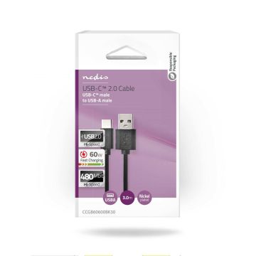 NEDIS USB 2.0 -KAAPELI, TYYPPI C UROS - A UROS, 3 M, MUSTA