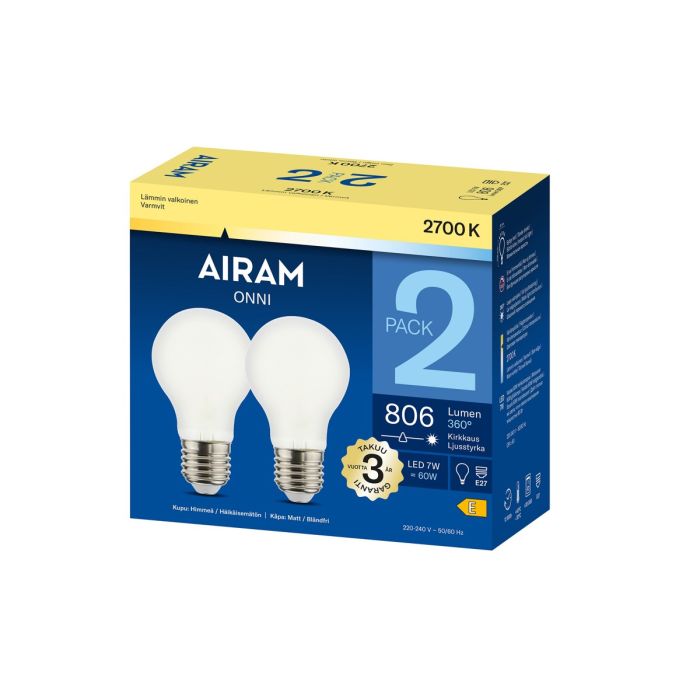 AIRAM LED VAKIOLAMPPU HIMMEÄ 7,0W2-PACK E27, 2700K 806 LM, 12 000H main product photo