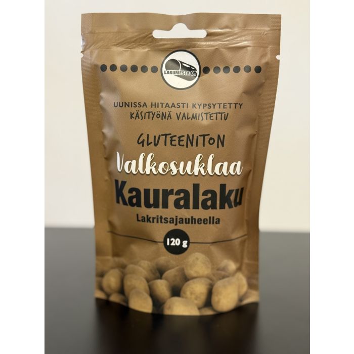 LAKUMESTA GLUTEENITON VALKOSUKLAA KAURALAKU LAKRITSAJAUHEELLA 120 G main product photo