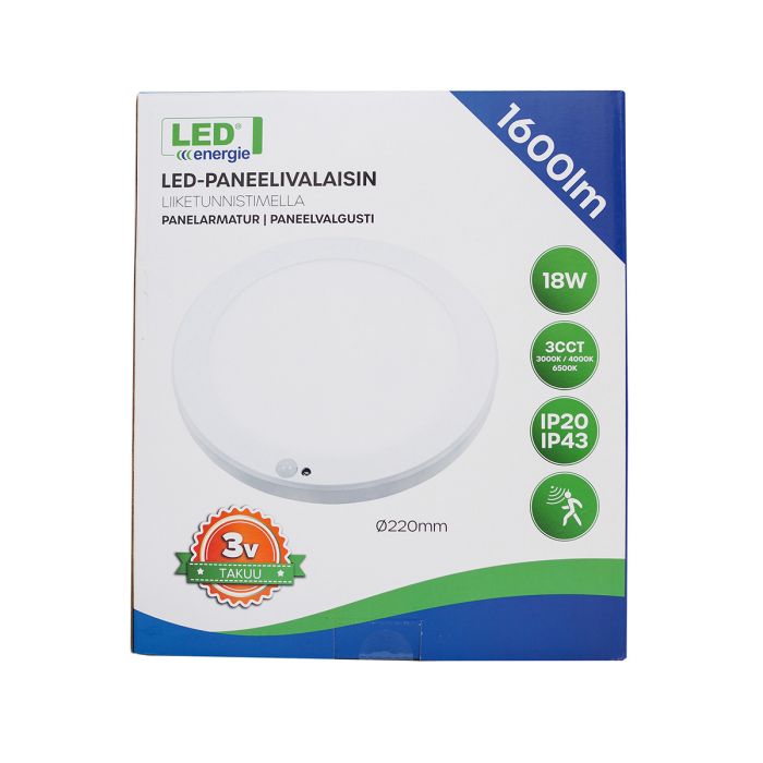 LED ENERGIE PANEELIVALAISIN LED 18W LIIKETUNNISTIMELLA IP20/IP43 1600L
