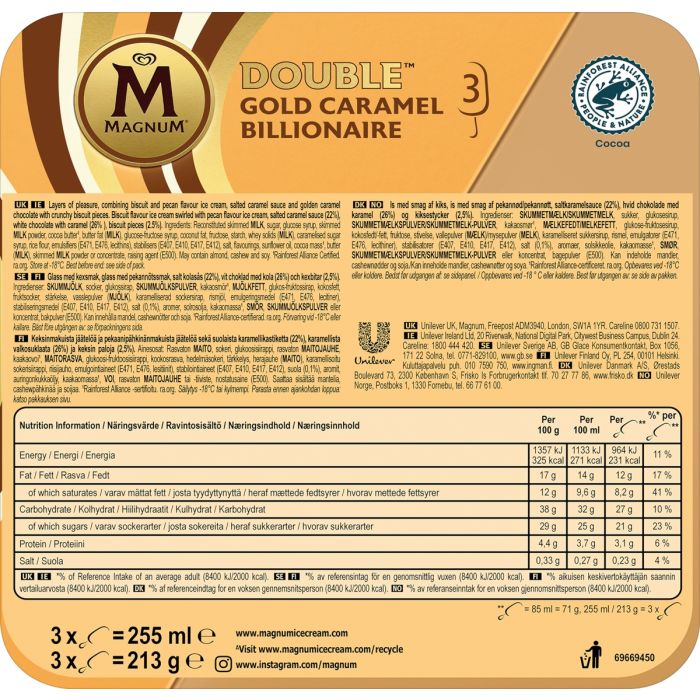 MAGNUM DOUBLE CARAMEL BILLIONAIRE 3X71G 213 G