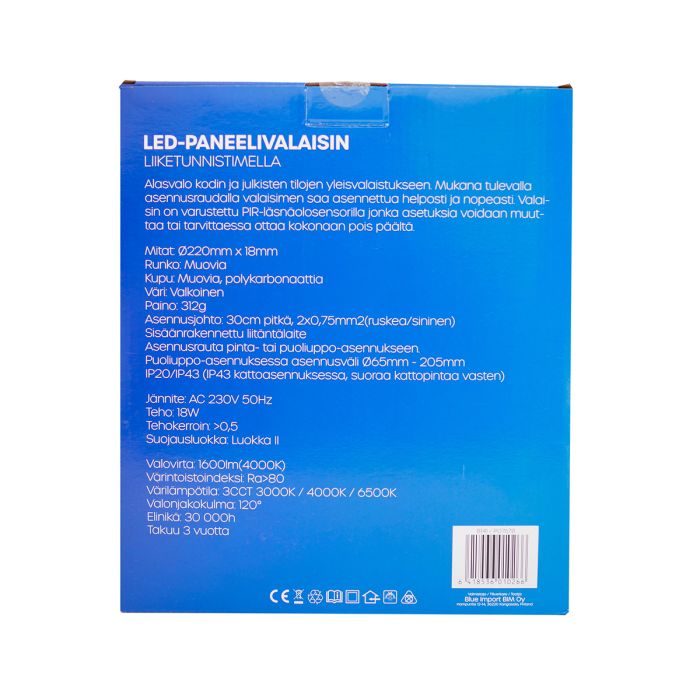 LED ENERGIE PANEELIVALAISIN LED 18W LIIKETUNNISTIMELLA IP20/IP43 1600L