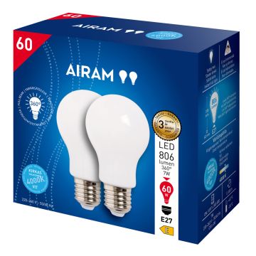 AIRAM OPAL LED VAKIOLAMPPU 2PACK 7W A60 E27, 4000K 806LM, 12 000H