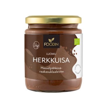 FOODIN HERKKUISA HASSELPÄÄHKINÄ- RAAKASUKLAALEVITE LUOMU 250 G