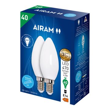 AIRAM OPAL LED KYNTTILÄLAMPPU 2PACK 4,5W CANDLE E14, 4000K 470 LM 12 000H