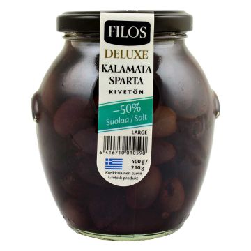 FILOS DELUXE KALAMATA OLIIVI KIVETÖN -50%SUOLAA 400/210G 210 G