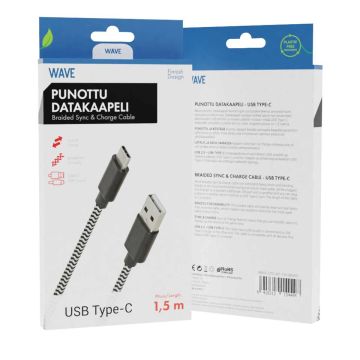 WAVE PUNOTTU DATAKAAPELI, USB TYPE-C, 1,5M, MUSTAVALKOINEN