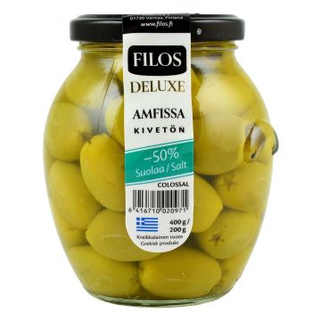 FILOS DELUXE VIHREÄ OLIIVI KIVETÖN -50%SUOLAA 400/200G 200 G