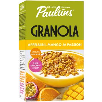 PAULÚNS GRANOLA APPELSIINI-MANGO- PASSIONHEDELMÄ MUROMYSLI 450 G