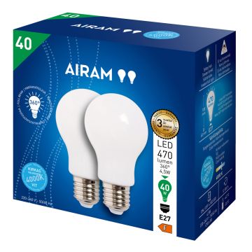 AIRAM OPAL LED VAKIOLAMPPU 2PACK 4,5W A60 E27, 4000K 470 LM, 12 000H