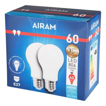 AIRAM OPAL LED VAKIOLAMPPU 2PACK 7W A60 E27, 4000K 806LM, 12 00